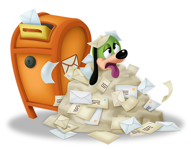 Postmaster Pete sits covered in letters next to a Toontown mailbox.